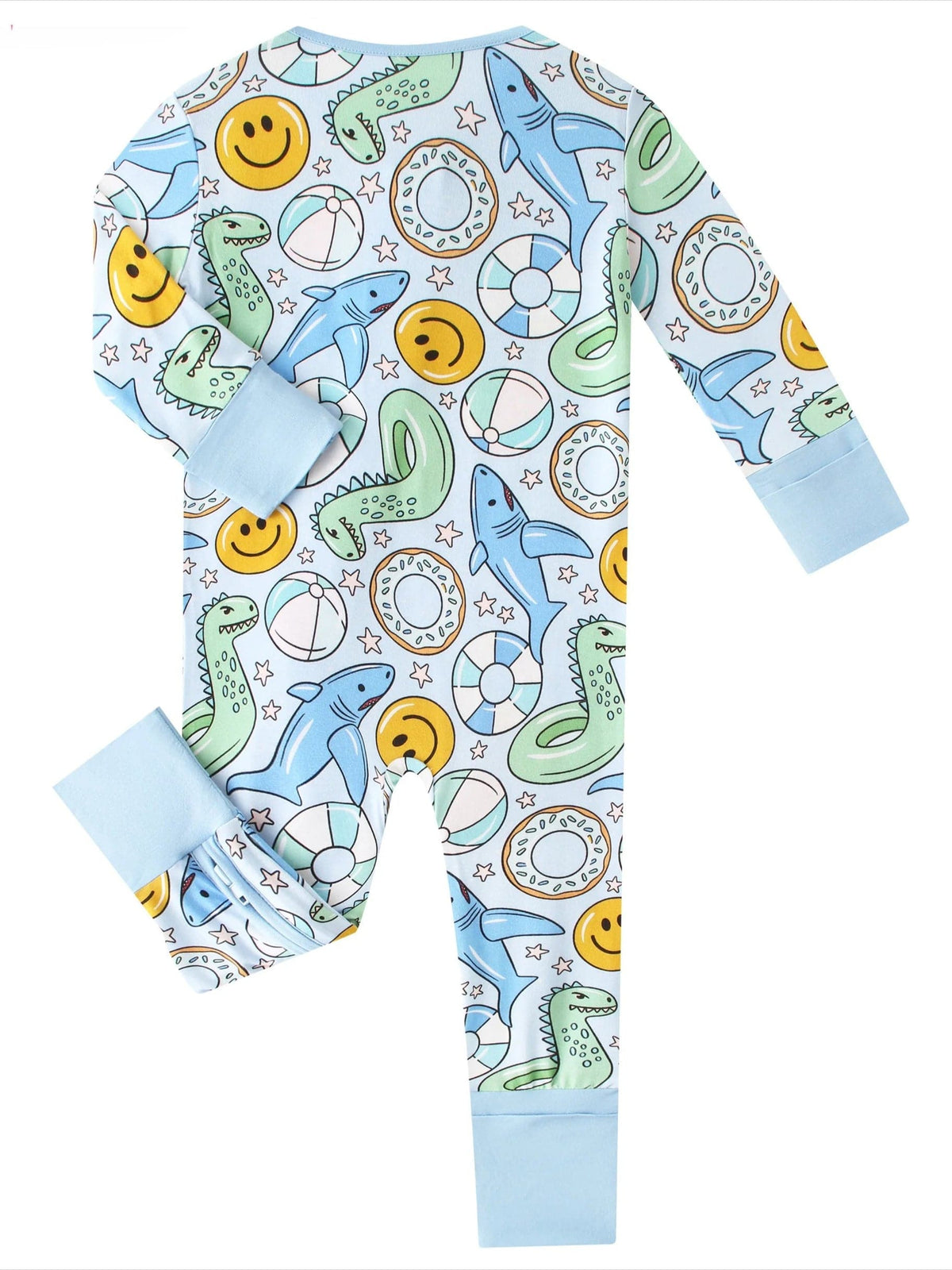 Two-way zipper detail on the Pool Floats romper